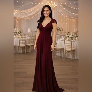 NWT! Betsy & Adam Jeweled Dress Wine Color Size 4 Formal Gown Peek A Boo Sleeve